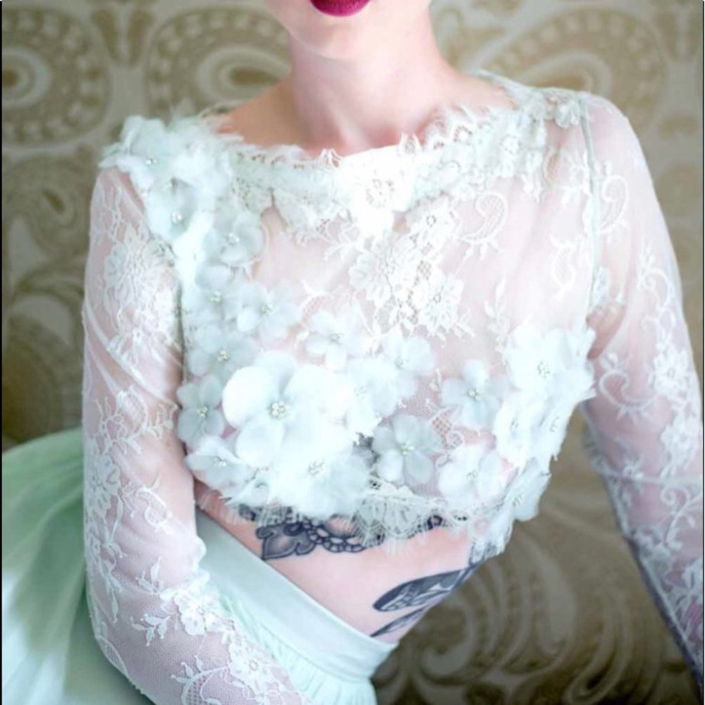 Wedding Dress Green 12 Designer Sharon Bowen Dryden 2 Piece Crop Top Prom NWT - Picture 2 of 8